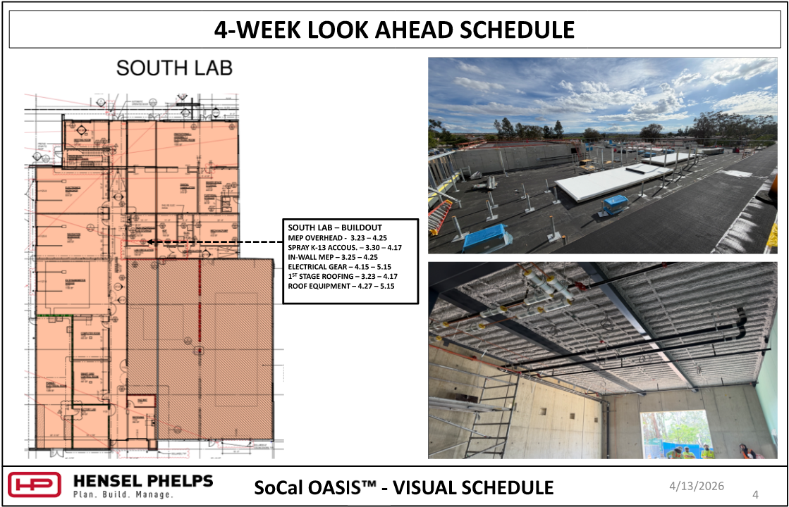 Construction schedule slide for the South Lab section of the SoCal OASIS™ project (4/13/2026). Features a highlighted floor plan, a buildout milestone list, and photos showing roof insulation installation and interior overhead MEP with spray-on insulation.