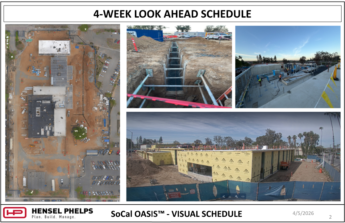 Construction progress slide for the SoCal OASIS™ project by Hensel Phelps, dated April 5, 2026. Four images show an aerial site view, a shored utility trench, building floor framing, and an exterior with yellow weather sheathing.