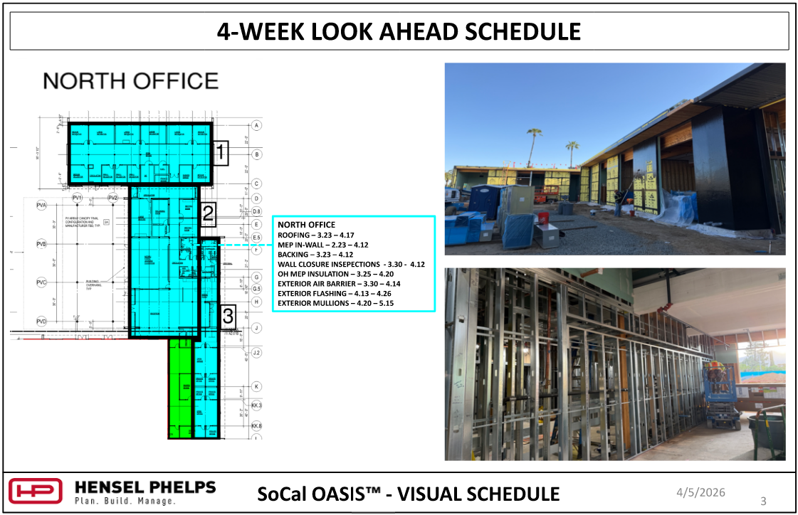 Construction schedule slide for the North Office section of the SoCal OASIS™ project (4/5/2026). Features a floor plan diagram, a list of upcoming construction milestones, and two photos showing exterior sheathing and interior metal stud framing.