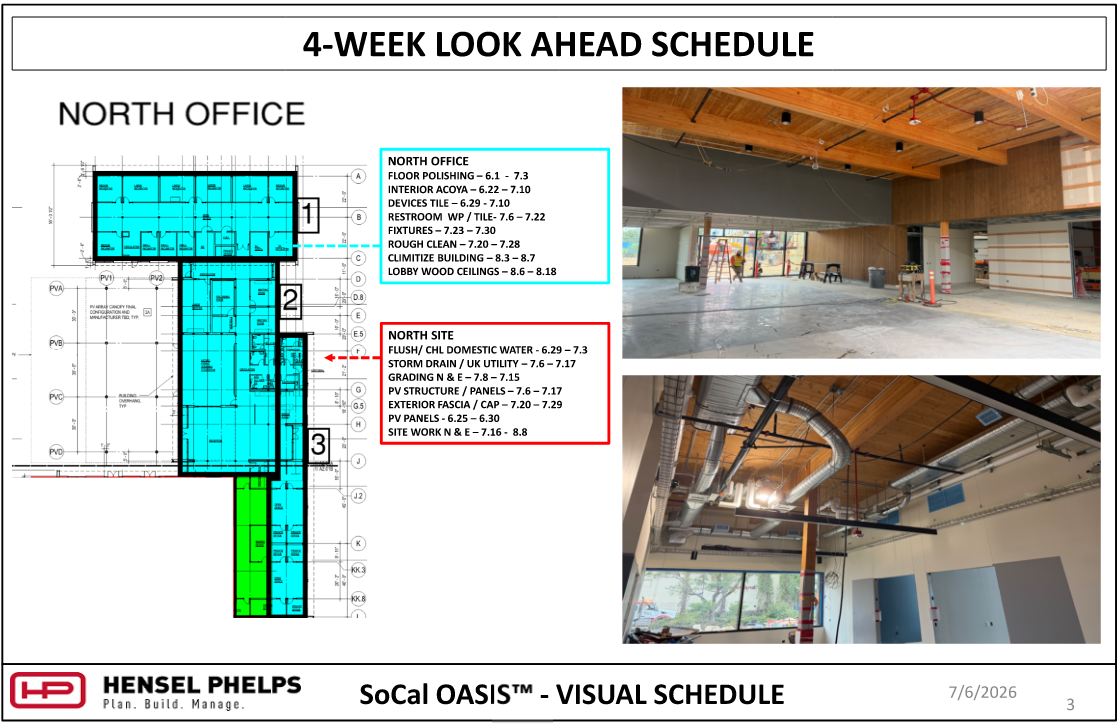A 4-Week Look Ahead Schedule for the North Office and North Site of the SoCal OASIS™ project, dated 7/6/2026. The slide displays a color-coded floor plan and active interior/exterior task lists alongside two construction photos: an expansive interior view highlighting newly installed, exposed wood ceiling panels and a polished concrete floor, and a second interior shot showing overhead stainless steel ductwork, utility pipes, and electrical trays routed beneath a wooden beam framework near glass windows.