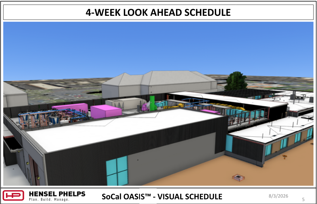 Slide 5 of the Hensel Phelps visual schedule (August 3, 2026) displays an elevated 3D architectural rendering for the SoCal OASIS™ project. The rendering highlights rooftop utility infrastructure, showing color-coded mechanical and HVAC equipment (including pink and blue components) integrated into the roof deck atop modern, dark-clad facility structures.